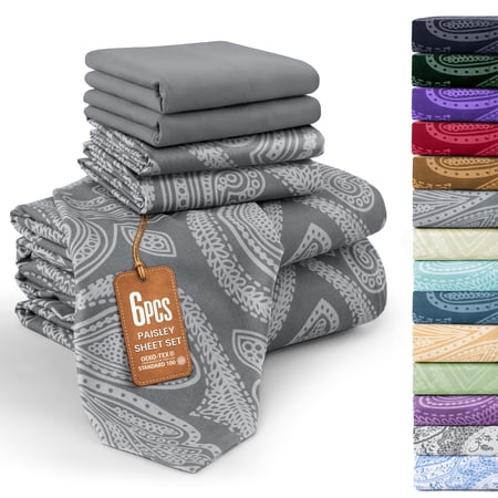 Lux Decor Collection Queen Sheet Set, 6-Piece Paisley, Grey