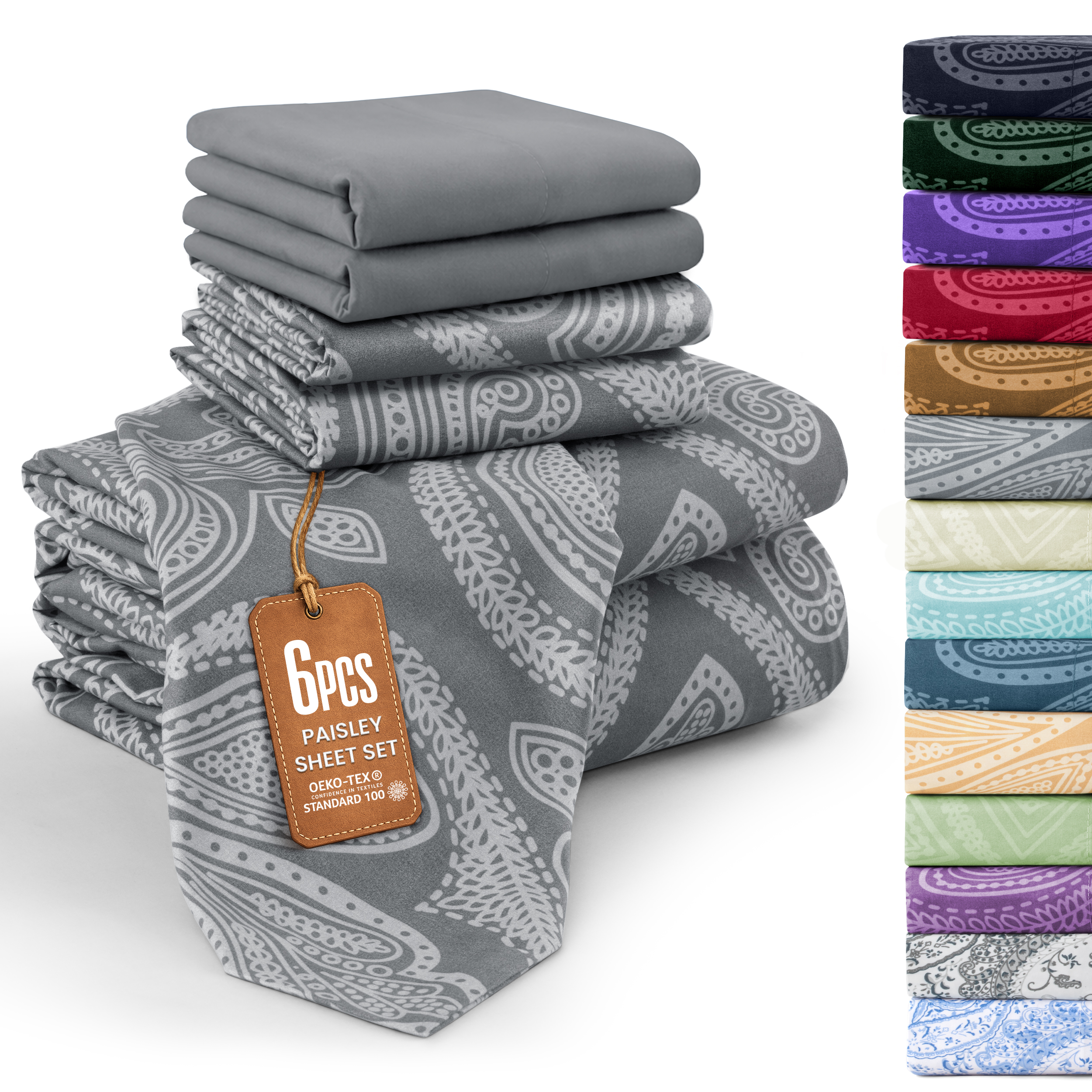 Lux Decor Collection Queen Sheet Set, 6-Piece Paisley, Grey