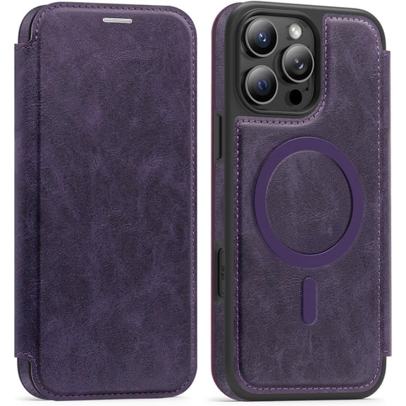 REQO for iPhone 13/14/15/16/17 Pro Max Case, Leather flip Wallet Cover, 【 Compatible with Magsafe 】 Magnetic Closed flip Wireless Charging Shockproof Shell (iPhone15)