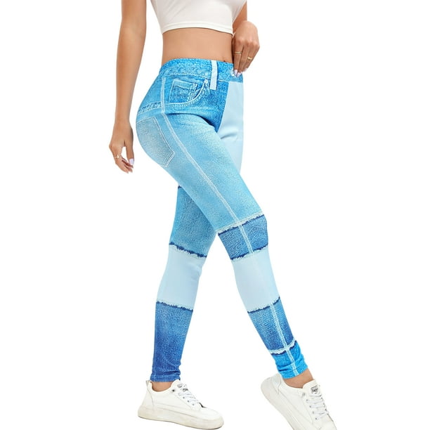MAWCLOS Women Look Printed Jeggings Butt Lifting Denim Print Leggings Tummy  Control Fake Jeans Stretch Workout High Waist Bottoms Blue M 