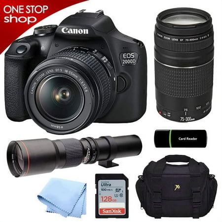 Canon EOS Rebel 2000D DSLR Camera with 18-55mm is II Lens Bundle + Canon EF 75-300mm f/4-5.6 III Lens and 500mm Preset Lens + 128GB Memory + Padded Case
