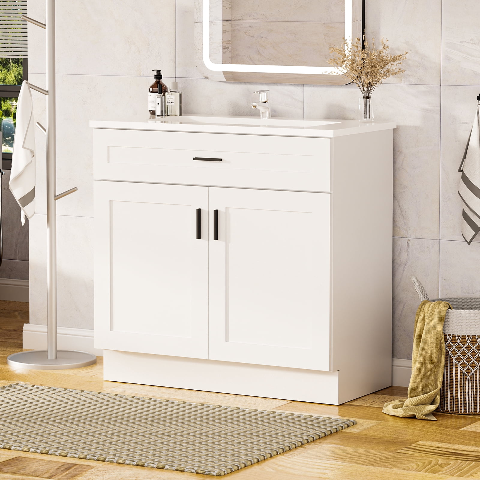 KZElegy 36" Bathroom Vanity with Top Freestanding Bathroom Vanity Set with Ceramic Sink,Farmhouse Bathroom Vanity Cabinet,White