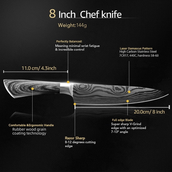 8" Japanese Chef Knife Stainless Steel Damascus Pattern Kitchen Knife, Multipurpose for Meat Cutting