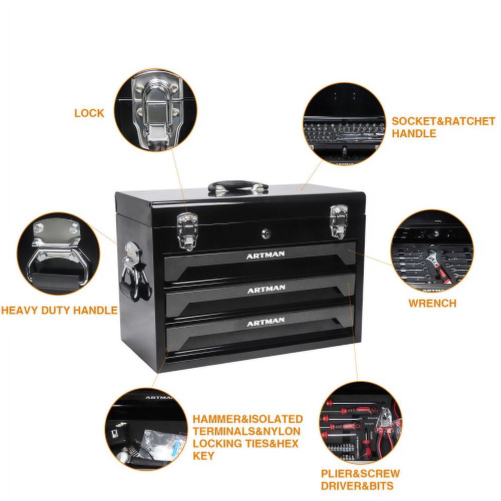 ARTMAN 20" Portable 439 Piece Mechanics Tool Set, 3-Drawer Metal Tool Box with Drawers,Tool Storage Portable Case for Garage Workshop Repair Shop