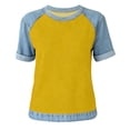 thumbnail image 3 of Htigea Women's Short Sleeve T-Shirt Denim Patchwork Crewneck Pullover Summer Casual Trendy Tee Tops Yellow L, 3 of 4