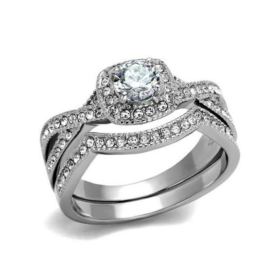 Round Cut .81 Ct Zirconia Stainless Steel Halo Wedding Ring Set Womens Size 10