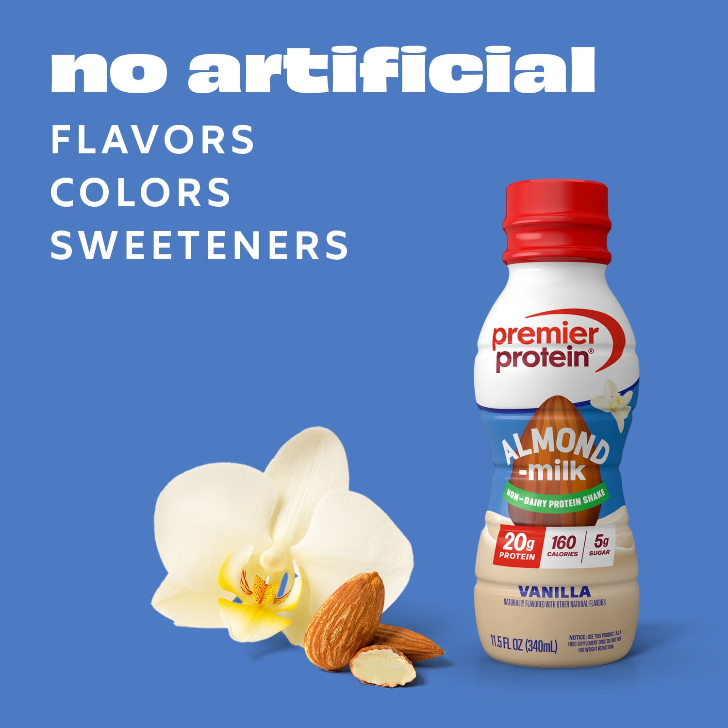Premier Protein Almondmilk Non-Dairy Protein Shake, 20g Protein, 5g Sugar, 11.5 Fl oz, Vanilla, 12 Count