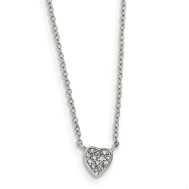 925 Sterling Silver Poli Heart with Cubic Zirconia Necklace 16 Pouces