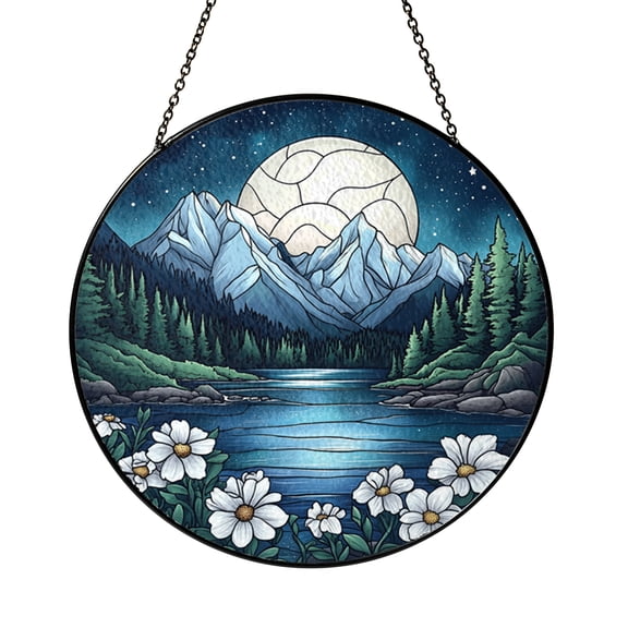 Alpine Lake With Snow Stained Glass Suncatcher Window Hanging, Icy Mountain Water Scene With Crisp Winter Atmosphere, Peaceful Nature Decor