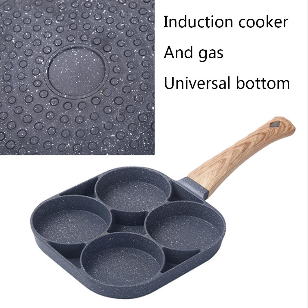 WE-POLUJ 4 Holes Egg Frying Pan Breakfast Burger Steak Non Stick Cooker with Wood Handle