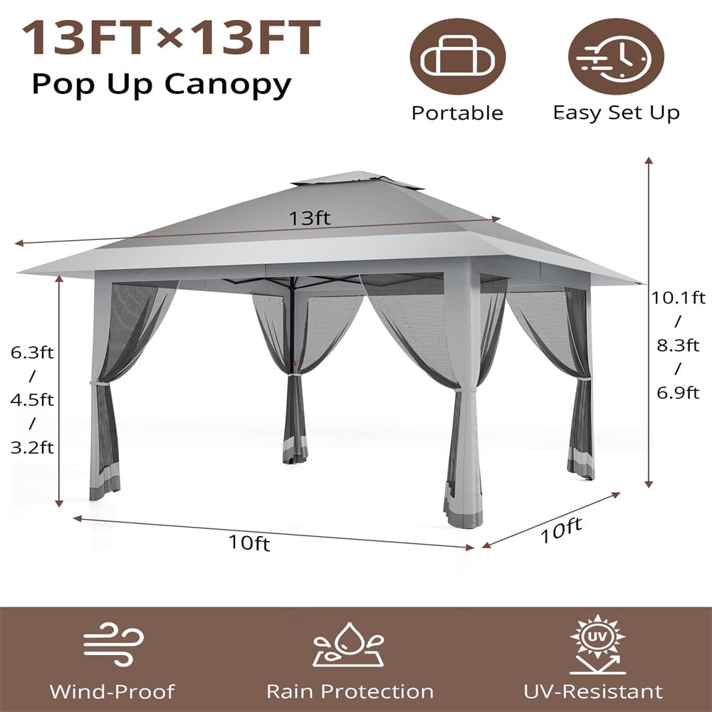 13x13Pop-Up-Gazebo Outdoor Canopy Tent with Mosquito Netting, [Adjustable Height & Spacious] Pop Up Tent with Double Roof, UV-Resistant Outdoor Gazebo for Backyard, Patio, Lawn, Garden, Deck