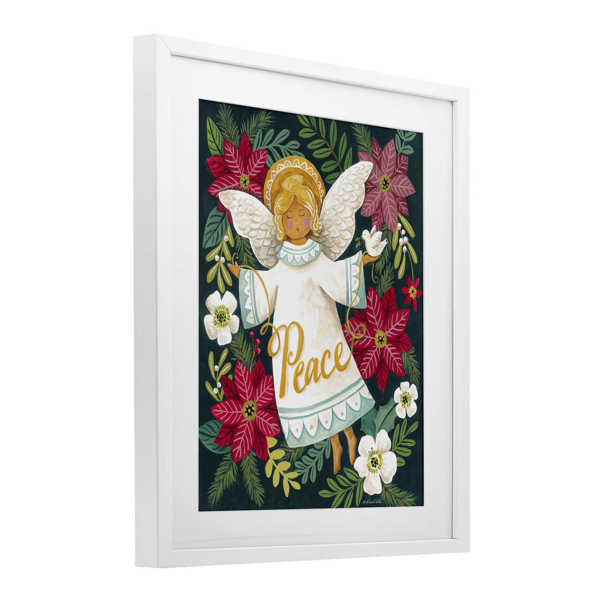 Angel with Peace & Botanicals White Framed Print Under Glass, design by Diane Kater