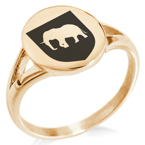 Stainless Steel Elephant Strength Coat of Arms Shield Minimalist Oval Top Polished Statement Signet Ring