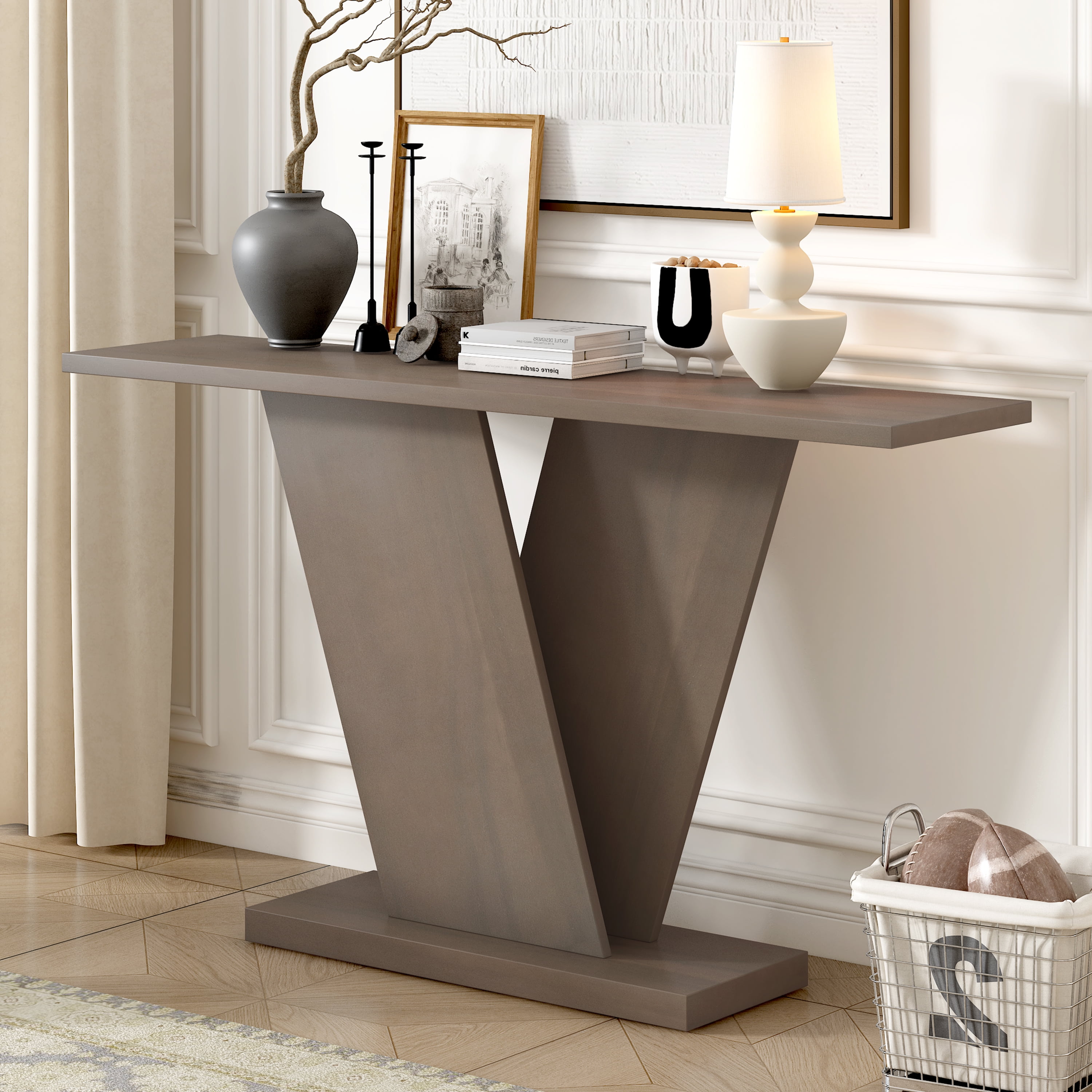 Aukfa Wooden Rectangular Console Table, Sofa Table Behind The Couch V-Base Design for Living Room, Entryway,Brown