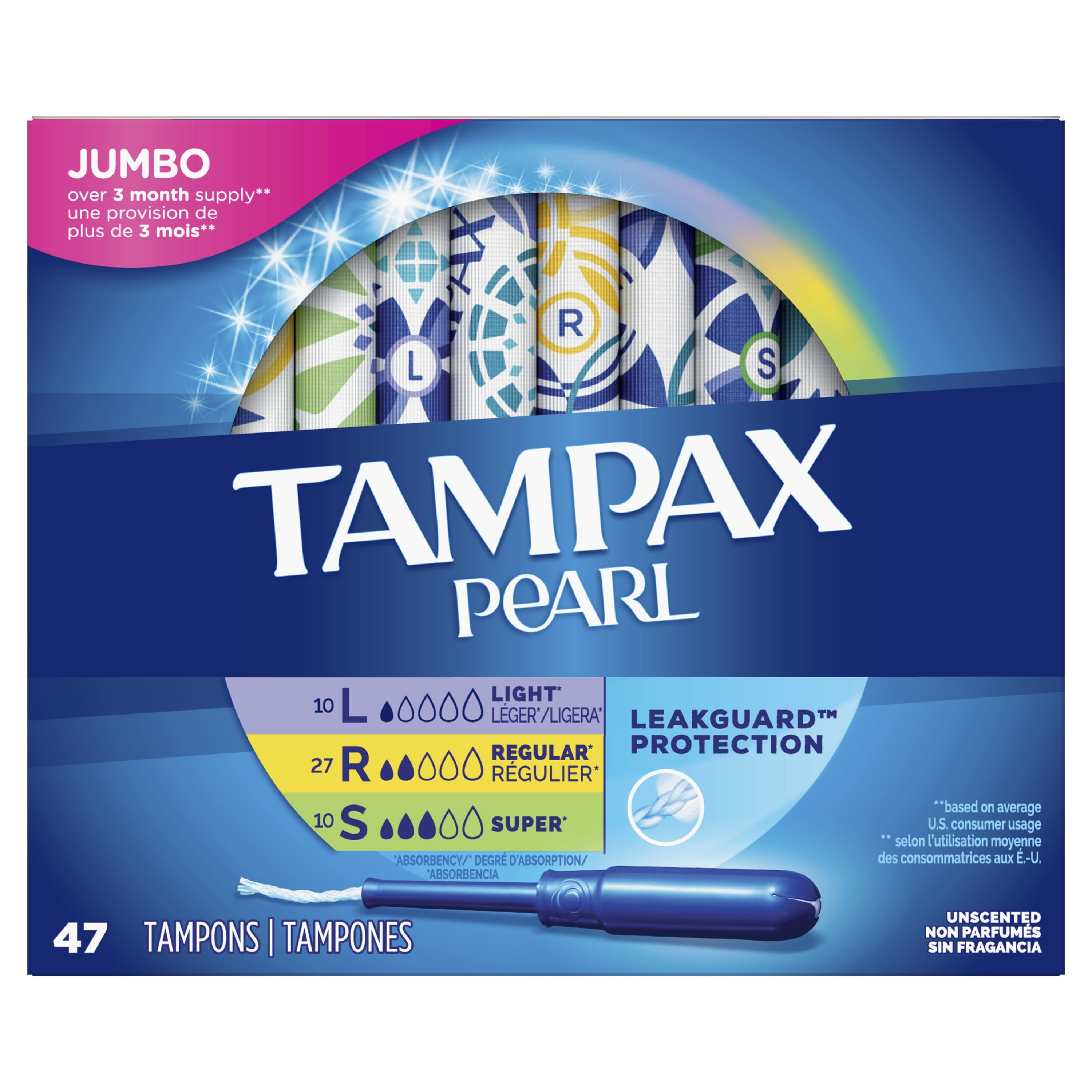 Tampax Pearl Tampons, Unscented, Light/Regular/Sup, Multipack, 47 ct
