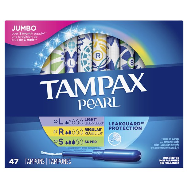Tampax Pearl Tampons, Unscented, Light/Regular/Sup, Multipack, 47 ct