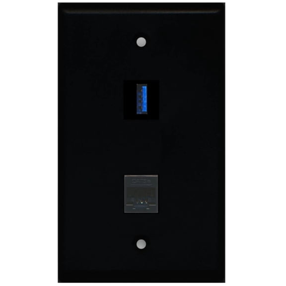 Ultra Spec Cables 1 Port USB 3.0 A-A Cat5e Ethernet Wall Plate Solid Black