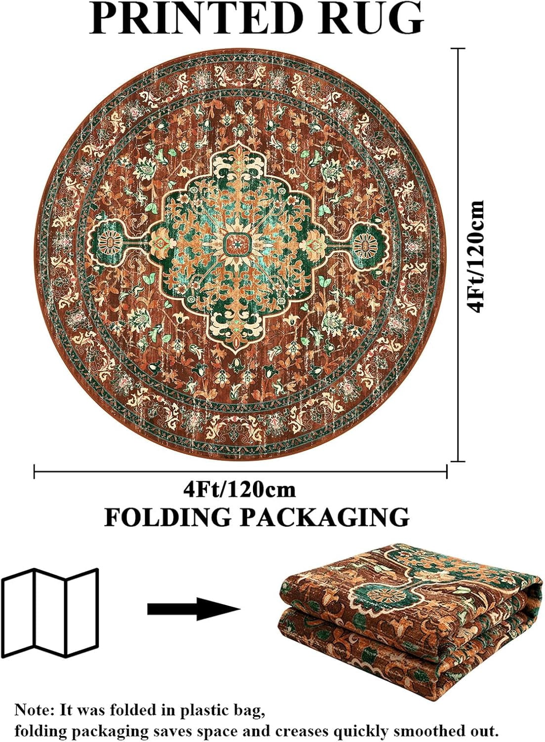 4 ft Round Area Rug, Yamaziot Boho Vintage Oriental Circle Carpet, Washable Non Slip Non Shedding Soft Faux Indoor Floor Mat Rug for Bedroom Living Room Sofa Office, Brown