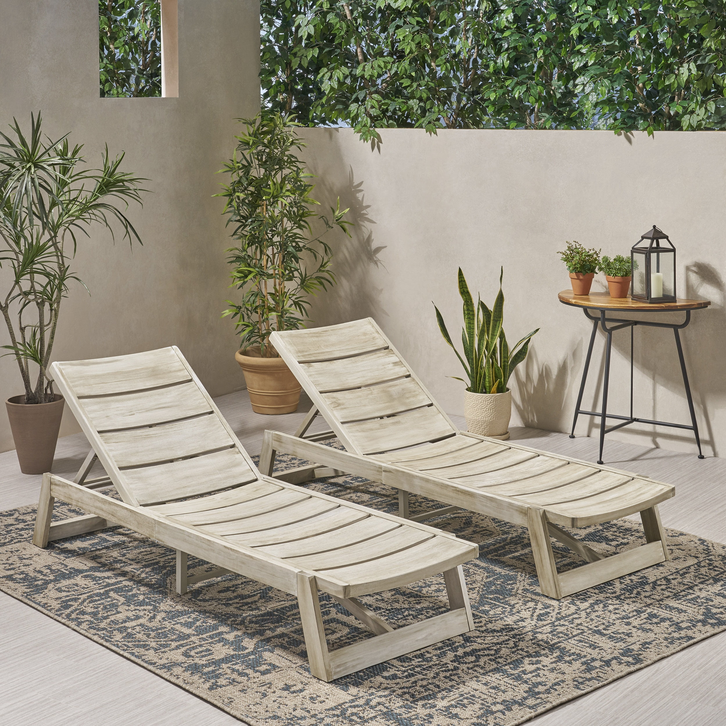 Cullen Outdoor Wood and Iron Chaise Lounges, Set of 2, Light Gray and Gray