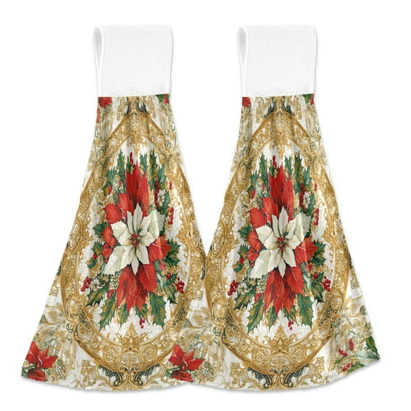 BZSMCE Hanging Hand Towels Fashion Golden Holiday Elegance Pattern 2-Pack - Velcro Style Bathroom Kitchen Towels