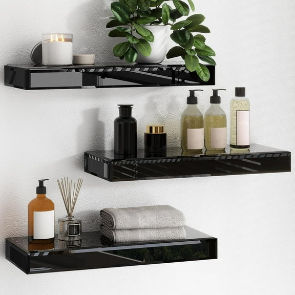 SHYFOY Modern Black Glass Wall Shelves – Set of 3 Floating Shelves for Home & Bathroom Storage Decor