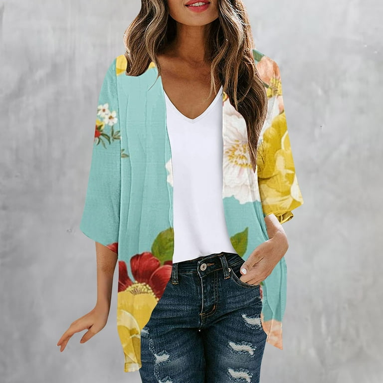 WNYEIME Cardigan for Women Open Front Casual Cute Flower Printed Flowy Cardigan 3 4 Sleeve Drape Chiffon Flowy Soft Lightweight Cardigan Light Blue03 S Walmart