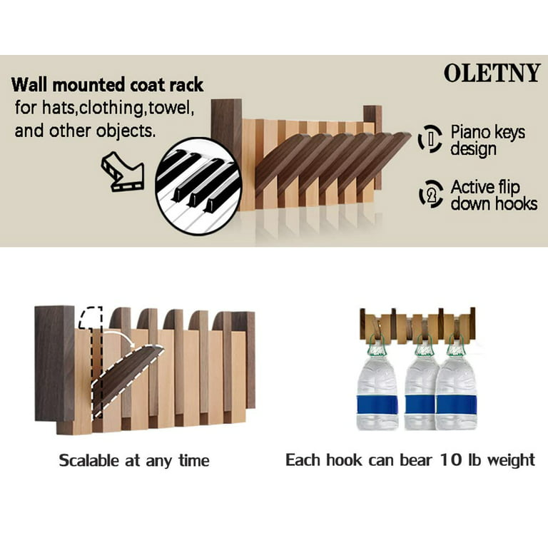 Natural Wood Wall Mounted Piano Coat Rack, Flip Down Wall Hook