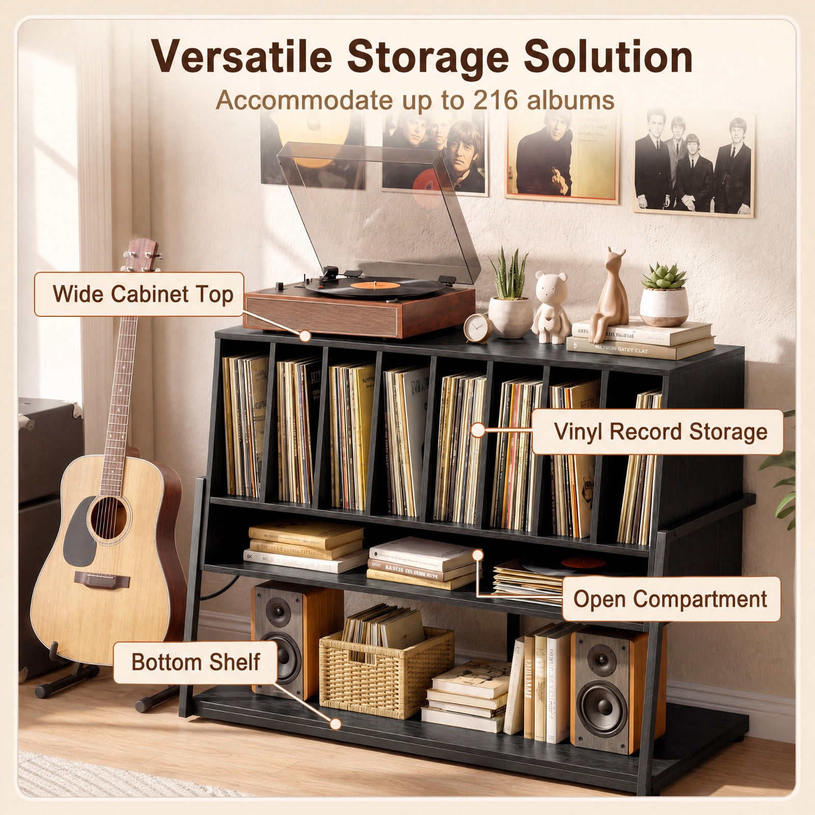 Furnibear Turntable Stand with Charging Station Vinyl Storage Shelves and Locking Wheels for Living Room Record Player Setup, Black