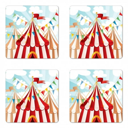 

Circus Coaster Set of 4 Circus Stripes Sunshines Through Cloudy Sky Traditional Performing Arts Theme Square Hardboard Gloss Coasters Standard Size Blue White Red by Ambesonne