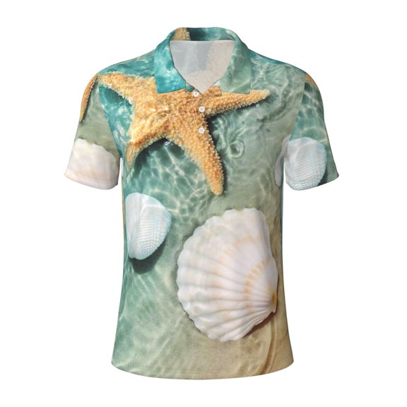 Kuqiui Mens Golf Polo Shirt Dry Fit Performance Sport Short Sleeve Golf Polo Shirts for Men-Starfish And Seashell