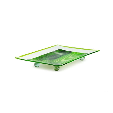 

GAC Unique Landscape Design Rectangular Tempered Glass Serving Tray on Glass Ball Legs – 10x14 Inch – Break Resistant – Oven Microwave and Dishwasher Safe – Attractive Green Colored Serving Platter