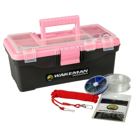 Netcraft Fishing Catalog - Fishing Single Tray Tackle Box- 55 Piece Tackle Gear Kit Includes Sinkers, Hooks Lures Bobbers Swivels and Fishing Line By Wakeman Outdoors (Pink)