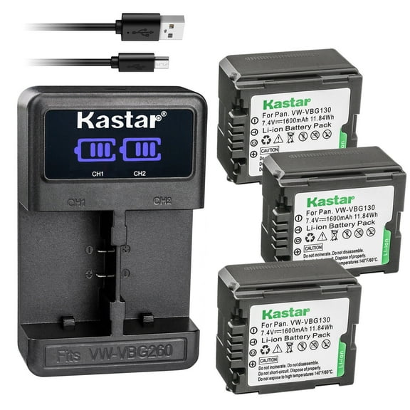 Kastar 3-Pack VW-VBG130 Battery and LED2 USB Charger Compatible with Panasonic HDC-HS100 HDC-HS100GK HDC-HS200 HDC-HS250 HDC-HS250K HDC-HS300 HDC-HS300K HDC-HS300P HDC-HS300PC HDC-HS350 Camera