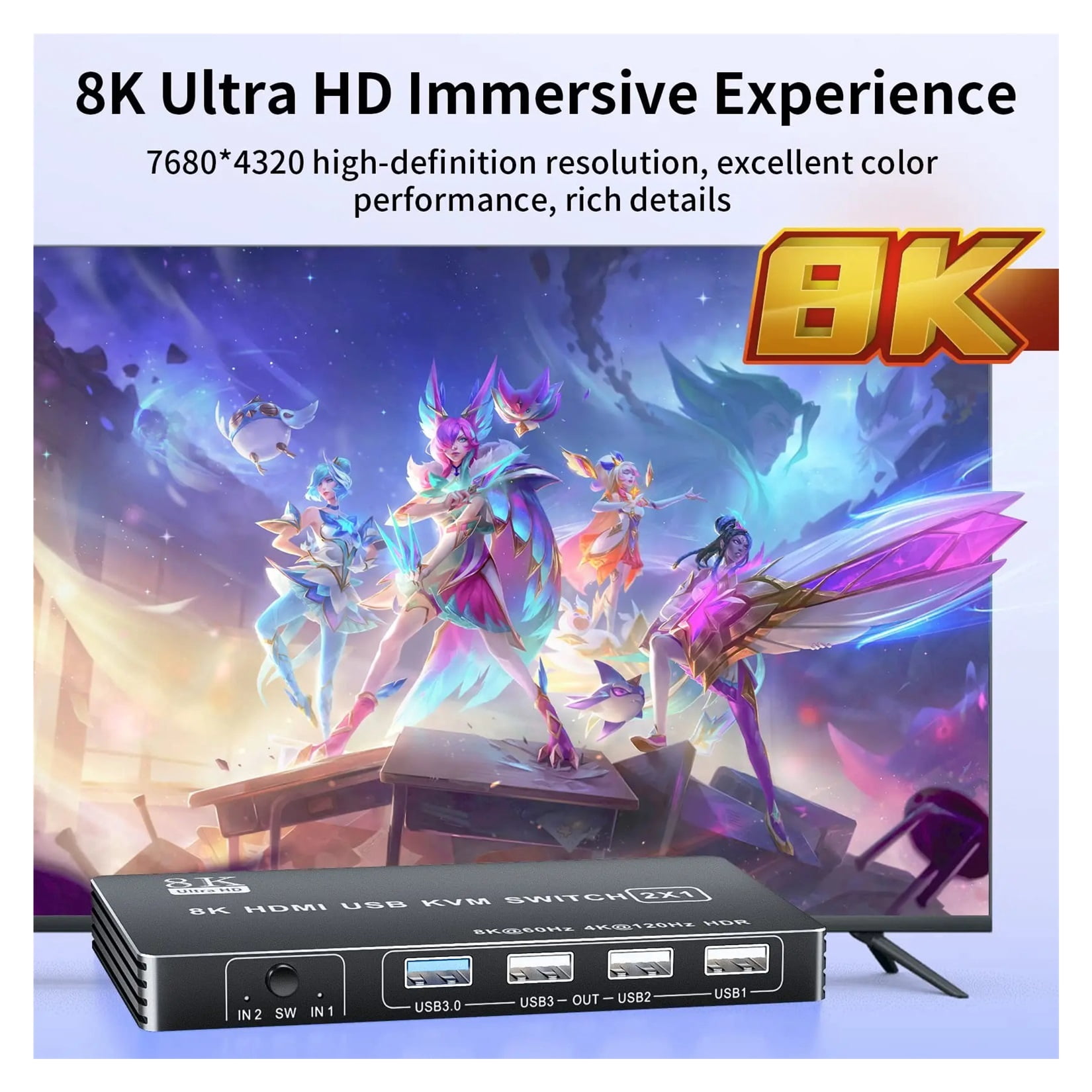 4K KVM Switch 4 In 1 Out, 2.1 KVM Switch 8K 60Hz For 2 Computers Share 1 Monitor For Series X S PS5/4 Pro