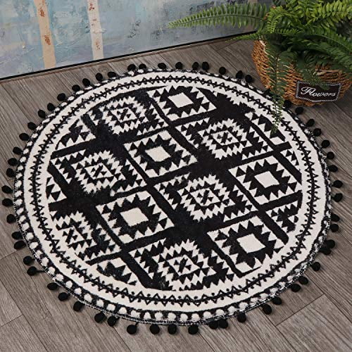 Haocoo Round Area Rugs 2ft With Pom Ball Fringe Black And Beige Soft Velvet Small Throw Non Slip Boho Geometric Floor Carpet For Bedroom Living Room Bathroom Decor Com Haocoo Round Area Rugs 2ft With Pom, Small Black Round Rugs