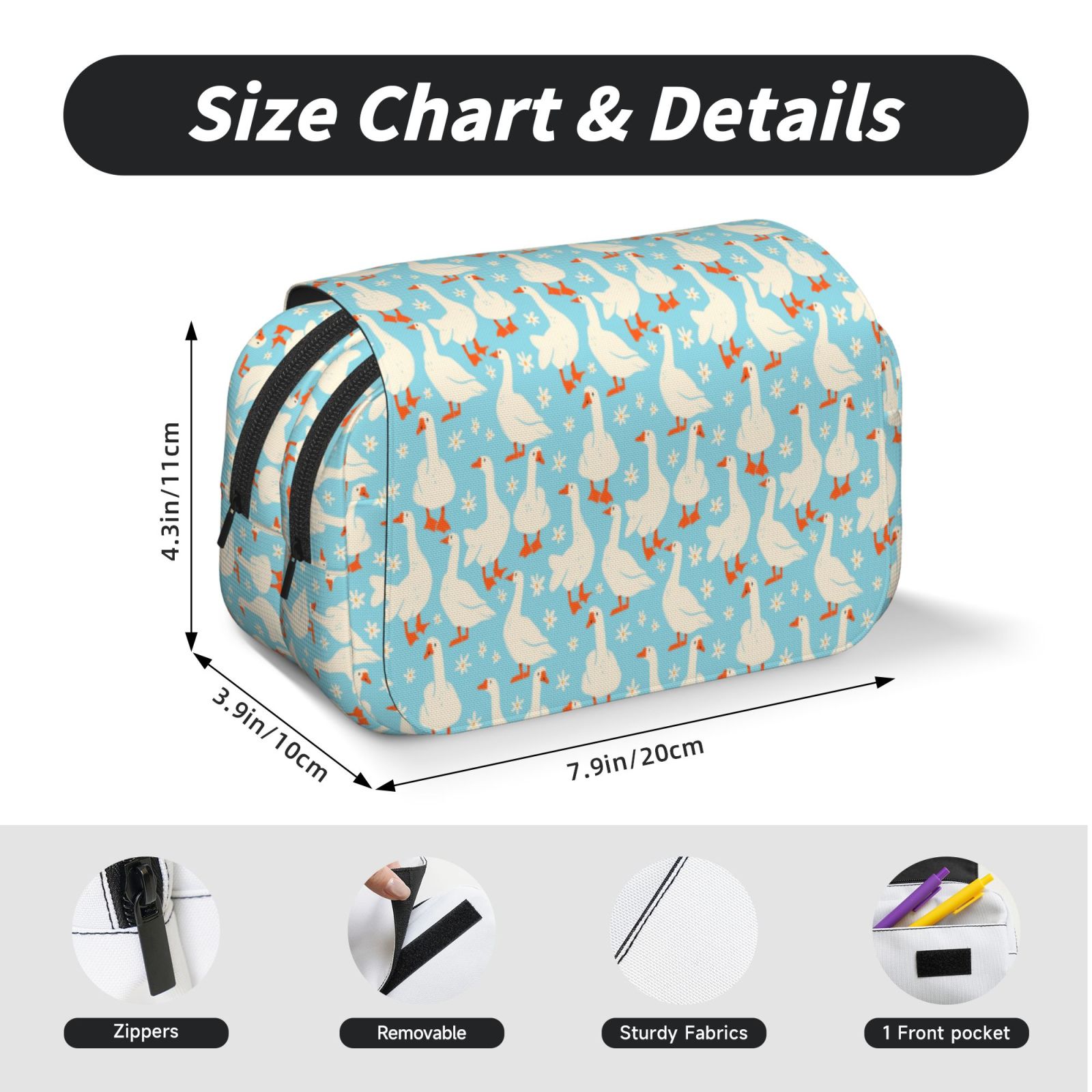 Rateoe White Geese and Flower Pattern Double Clamshell Pen Case, Storage Organizer with Two Zipper Compartments– Holds Up to 50 Pencils & Pens