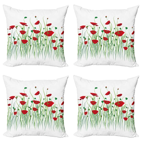 Ambesonne Poppy Flower Throw Pillow Cover 4 Pack, Flowers Rural Field, 20", Scarlet Green White