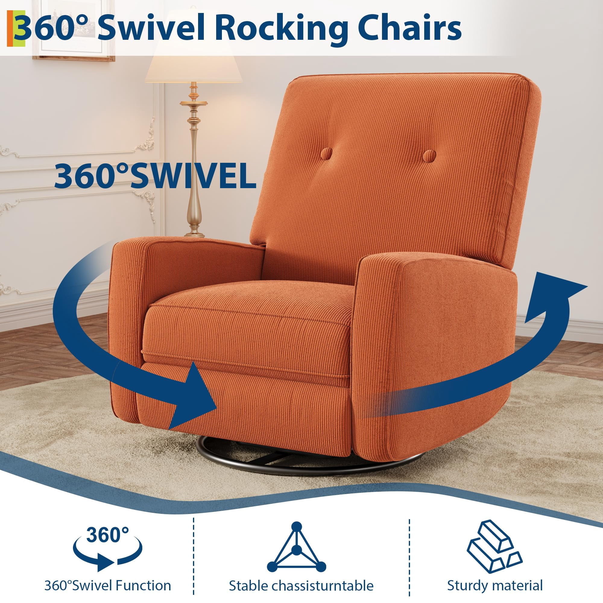 Modern Swivel Glider Recliner for Nursery & Small Spaces 360° Rocking Chair with Adjustable Lumbar Support & Footrest | Corduroy Upholstery for Apartment Living Room & Bedroom