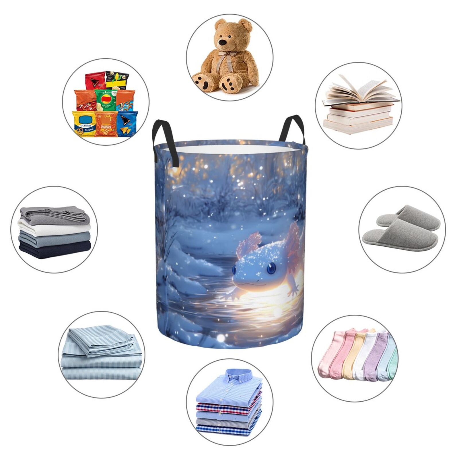Large Laundry Basket with Handles - Winter Axolotl in Frozen Pond A Kids Baby Dirty Clothes Laundry Hamper for Bedroom Aesthetic