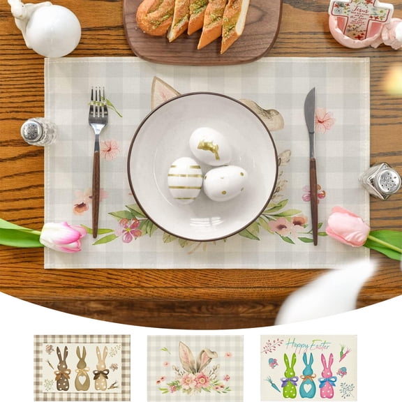 Happy Easter Bunny Placemats, 12x18 Inch Seasonal Spring Table Mats for Party Kitchen Dining Decoration