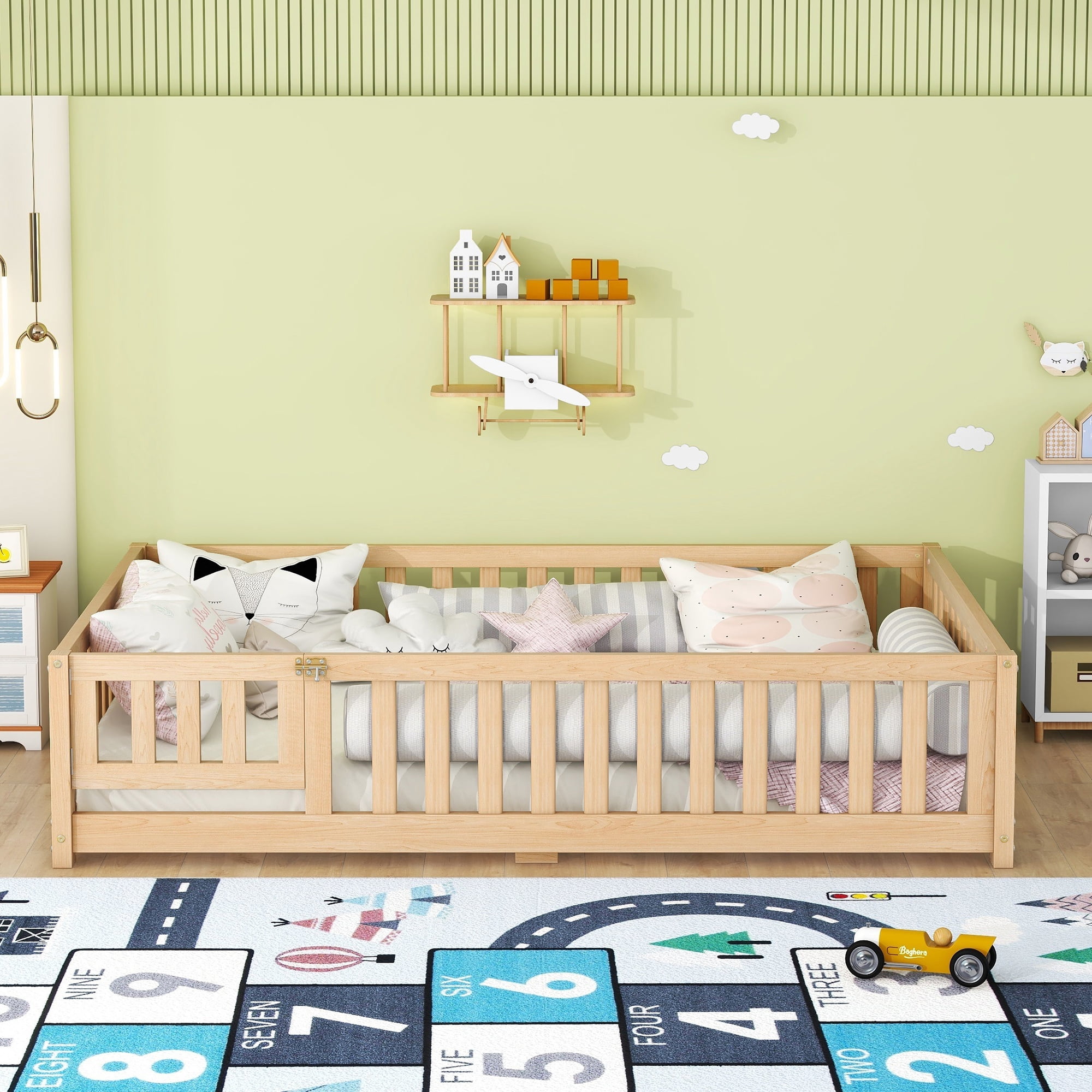 DEALTOPS Full Size Floor Bed with Safety Guardrails and Door Montessori Wood Bed Frame for Kids, Natural