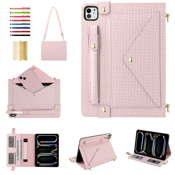 Handbag Case for iPad Pro 11" 2022/2021/2020/2018 Air4/Air5/Air11"2024, Flip Folio Stand Crossbody Wallet Case with S Pen Holder & Card Slots Pocket, Hand Strap & Shoulder Strap Protective Case,Pink