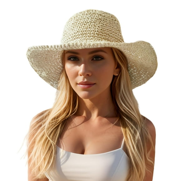 Floppy Big Beach Sombreros de Paja para Mujer Plegable Verano ala Ancha Sombrero para el Sol Plegable Sombrero de Paja de Viaje para Mujer Sombrero Fedora