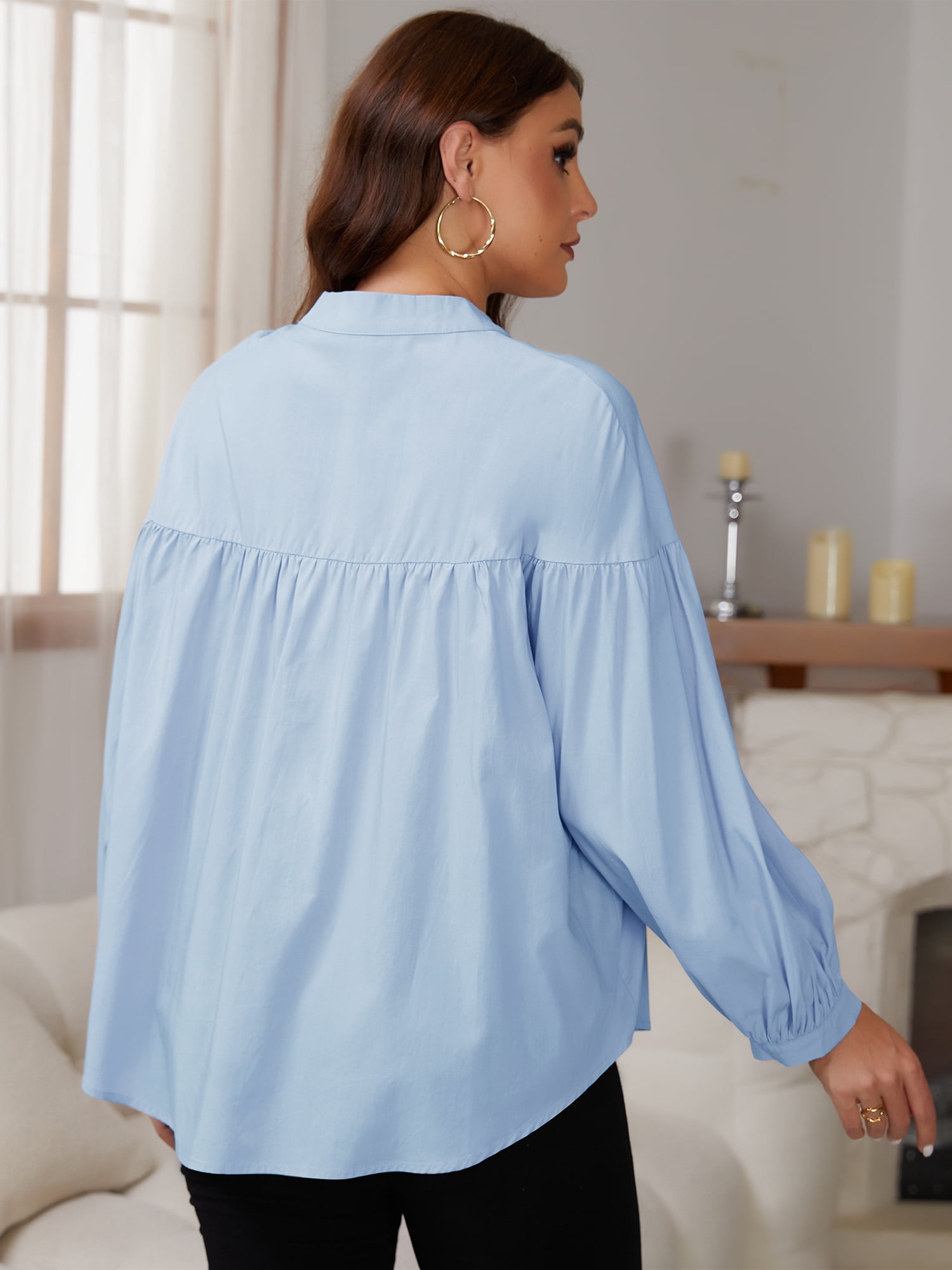 DARING DIVA Women's Maternity Nursing Button Down Business Pleated Tops L Blue