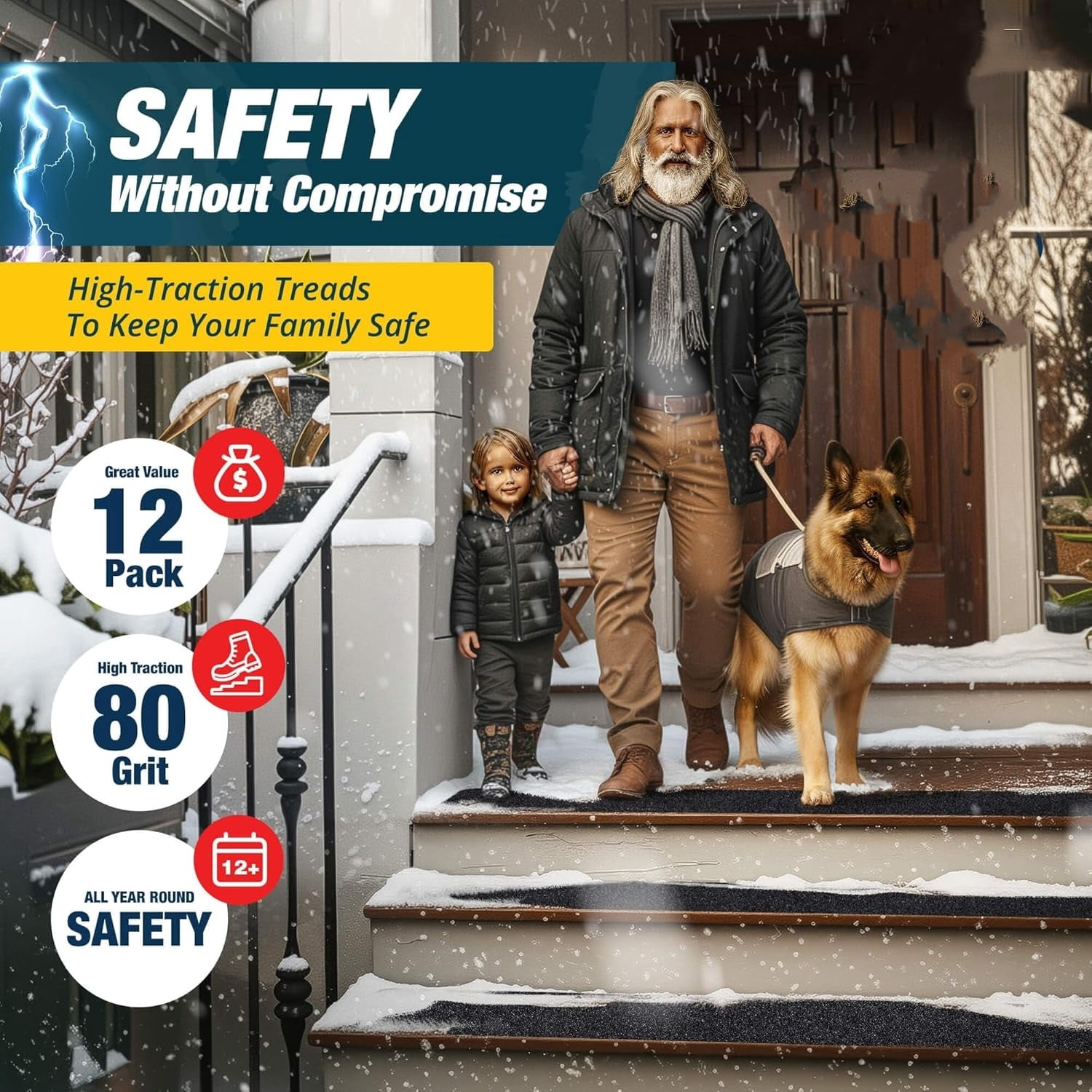 Outdoor Stair Treads Non Slip 30" x 8" - 12-Pack Weather Resistant Exterior Grip Tape for Wooden Steps - Anti Skid Strips - Waterproof 80-Grit Adhesive Treads
