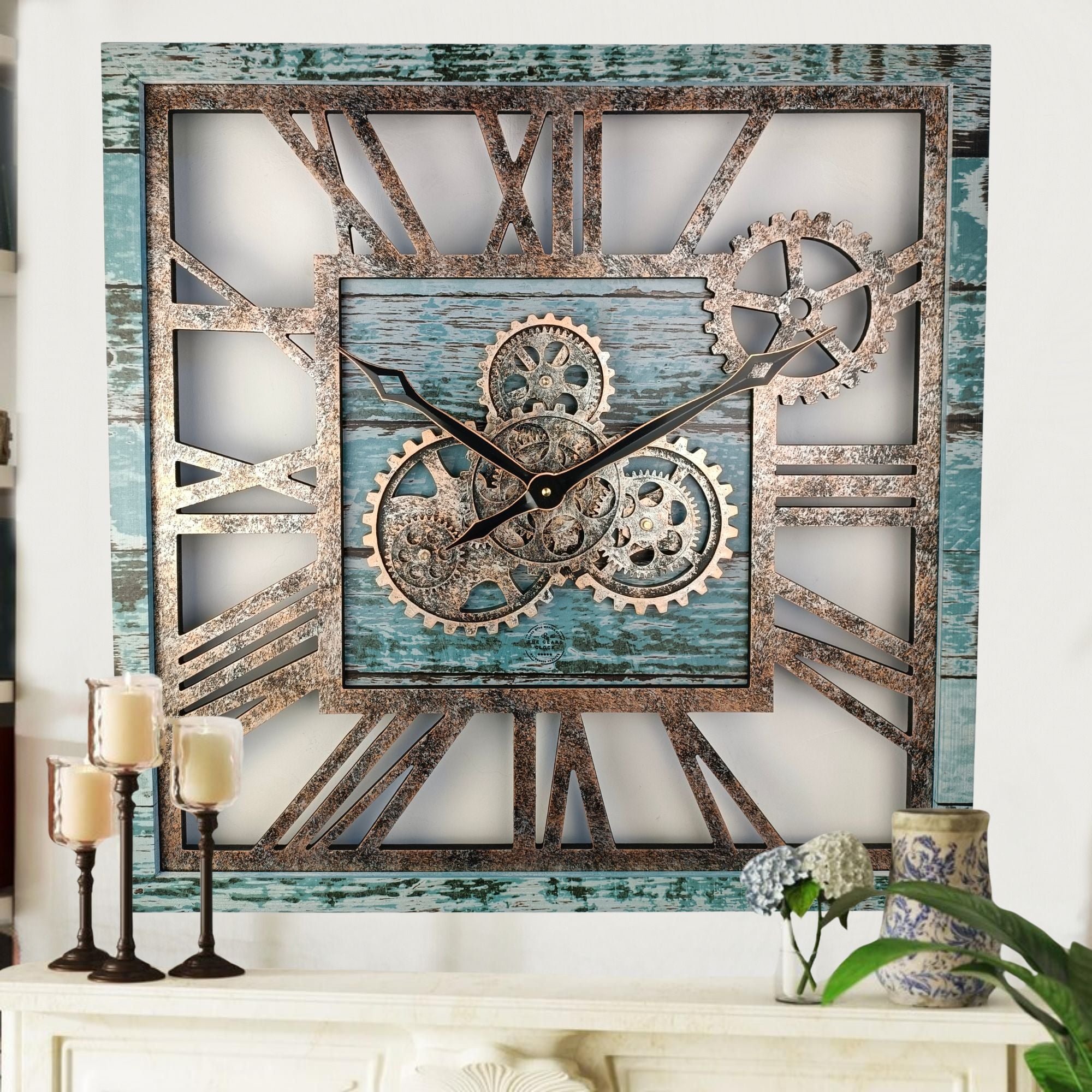 THE GEARS CLOCK Wall Clock with Real Moving Gears AM LI 24 in Square Aqua Green