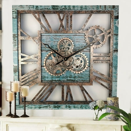 THE GEARS CLOCK Wall Clock with Real Moving Gears AM-LI_ 24 in Square Aqua-Green