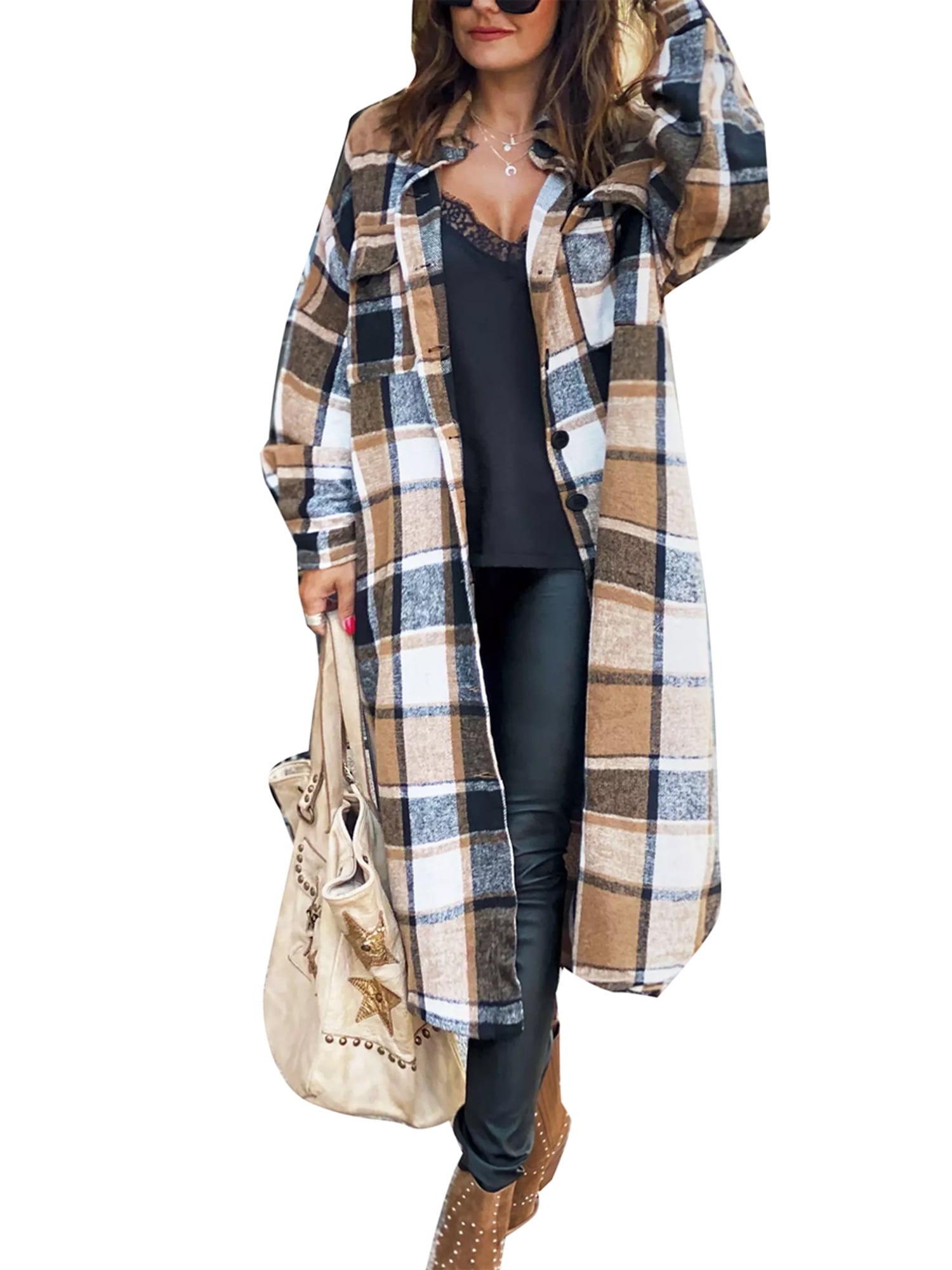 Womens Fall Lapel Collar Plaid Length Coat Long Sleeve Long Plaids Trench Coat Open Front Pockets Jacket Cardigan 
