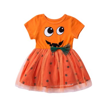 Pumpkin Outfit Baby Girl Toddler Girl Halloween Pumpkin Dress - Plaid A-Line Dress With Peter Pan Collar & Bow Toddler Halloween Dress