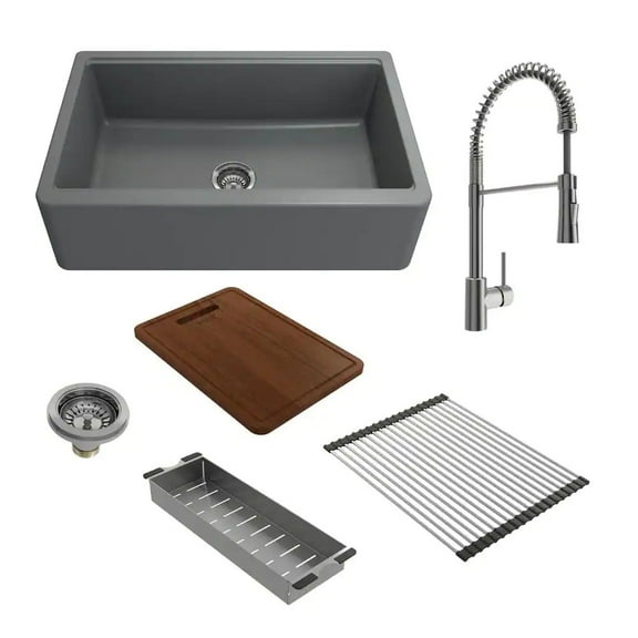 BOCCHI 1600-506-2020SS Apron-Front 33" 1 Bowl Granite Composite Kitchen Sink Kit